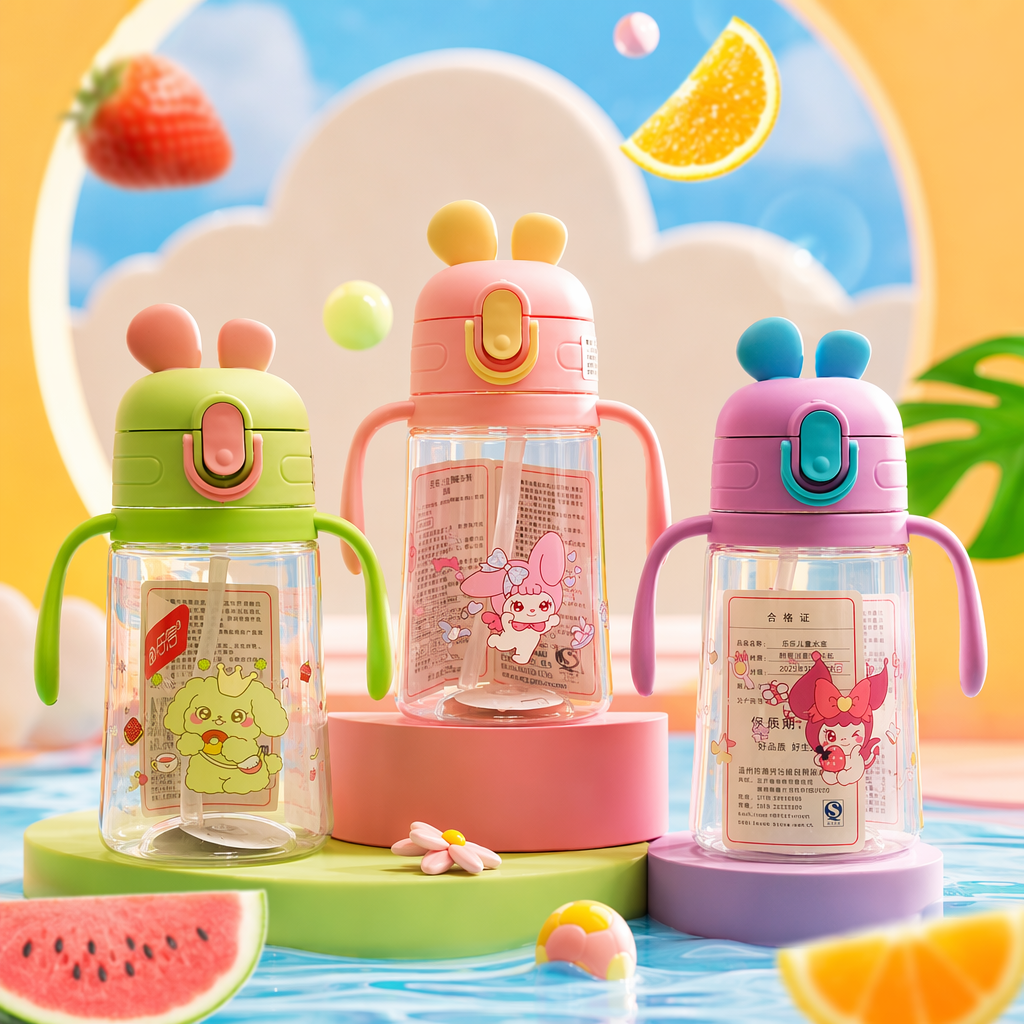 Colorido dibujos animados niños taza de agua conjunto de tres piezas bebé bebé bebé a prueba de fugas con pajita portátil agua juego Specification image