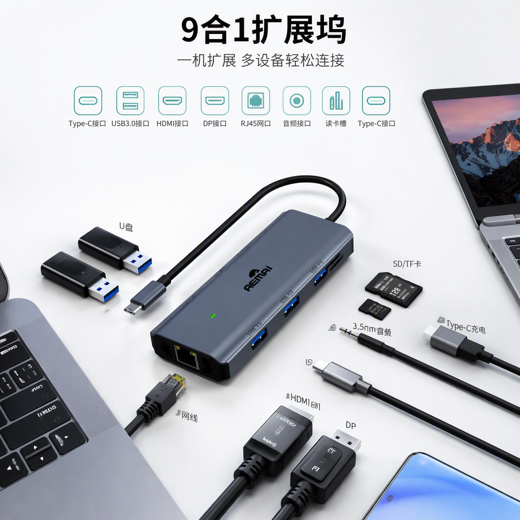 Multi-functional white packaging box USB-C docking station, multi-interface portable data transmission, charging and expansion accessories