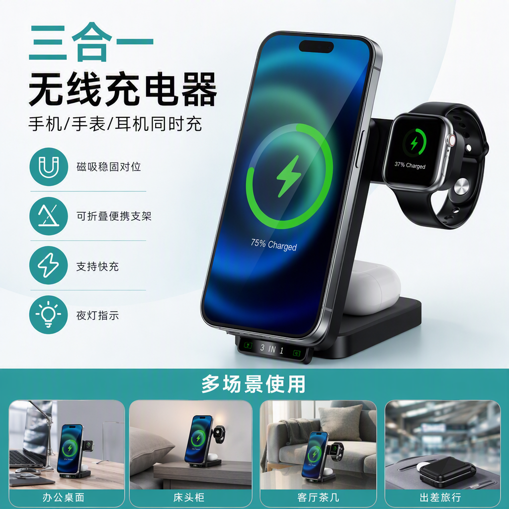 The AEAI DG60 folding magnetic wireless charger packaging box is a multi-scenario suitable display box for charging mobile phones, watches and headphones
