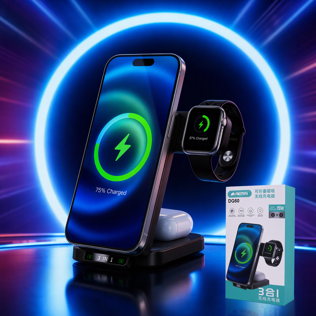 The AEAI DG60 folding magnetic wireless charger packaging box is a multi-scenario suitable display box for charging mobile phones, watches and headphones Specification image