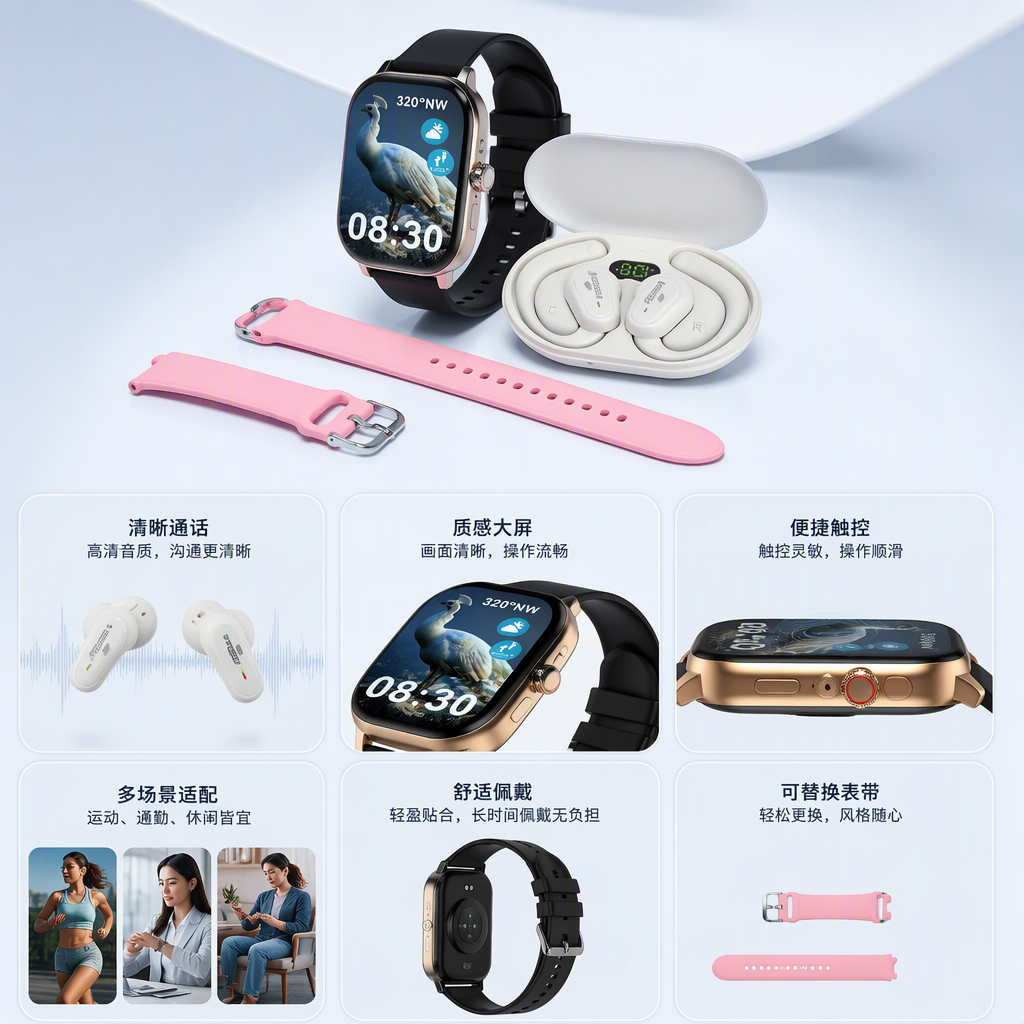 Blue and white packaging box smartwatch set, multi-functional sports and health monitoring gift box suitable for both men and women