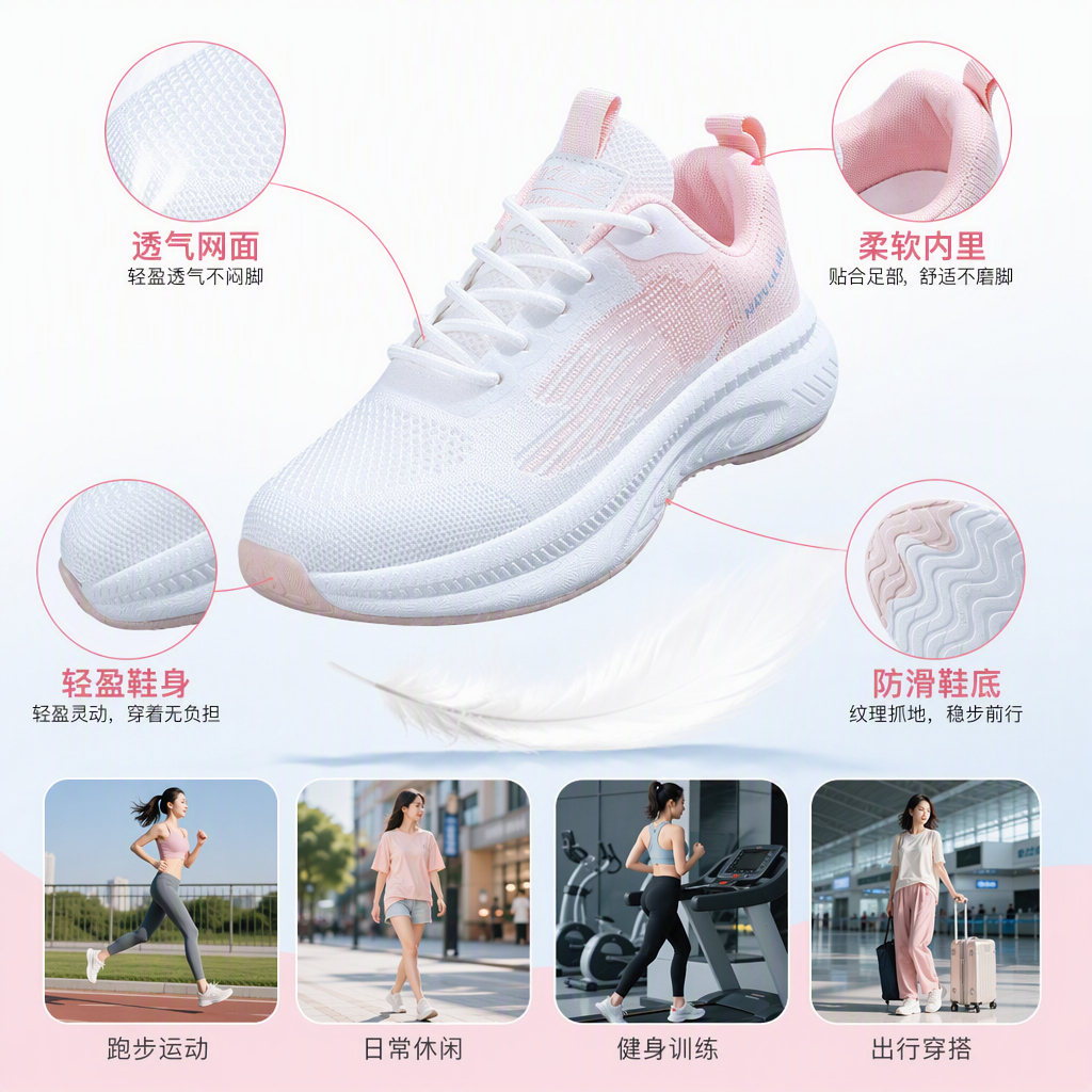 时尚休闲白粉色运动鞋轻便透气跑步鞋女男款运动休闲鞋子潮流款式