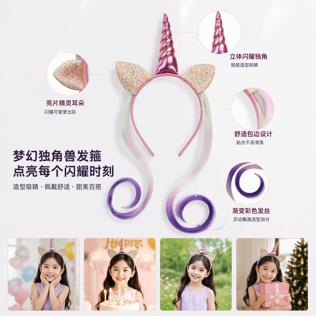 粉色独角兽发箍带闪粉耳朵螺旋角渐变紫绿长发卷可爱儿童发饰潮流配饰