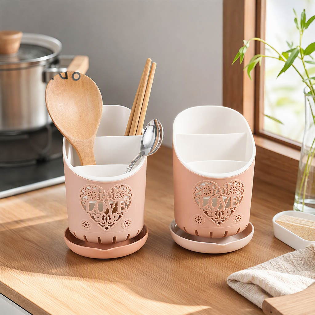Pink heart-shaped hollowed-out storage box with base, drainage, wooden spoons, chopsticks, metal spoons and kitchenware storage and organization box details Picture
