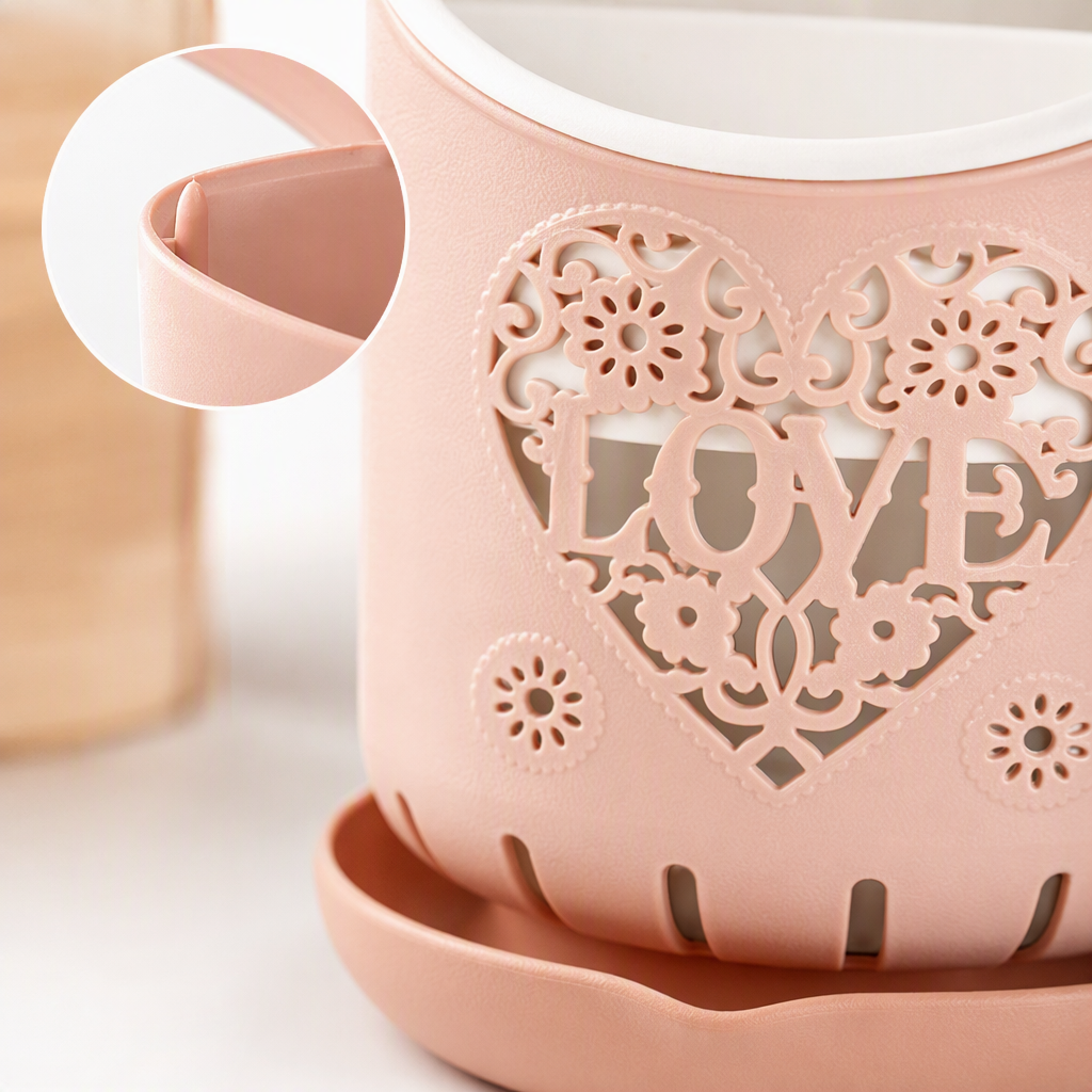 Pink heart-shaped hollowed-out storage box with base, drainage, wooden spoons, chopsticks, metal spoons and kitchenware storage and organization box Application Scenario
