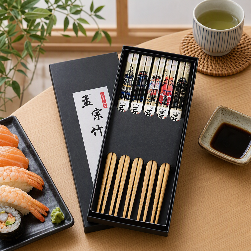 Black gift box with Japanese samurai patterns, bamboo chopsticks set, tableware, home creative gift set details Picture