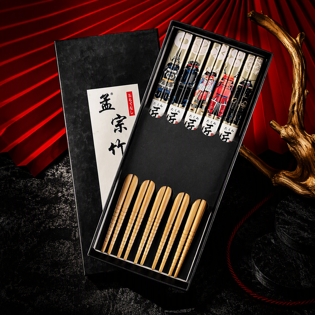 Black gift box with Japanese samurai patterns, bamboo chopsticks set, tableware, home creative gift set Specification image