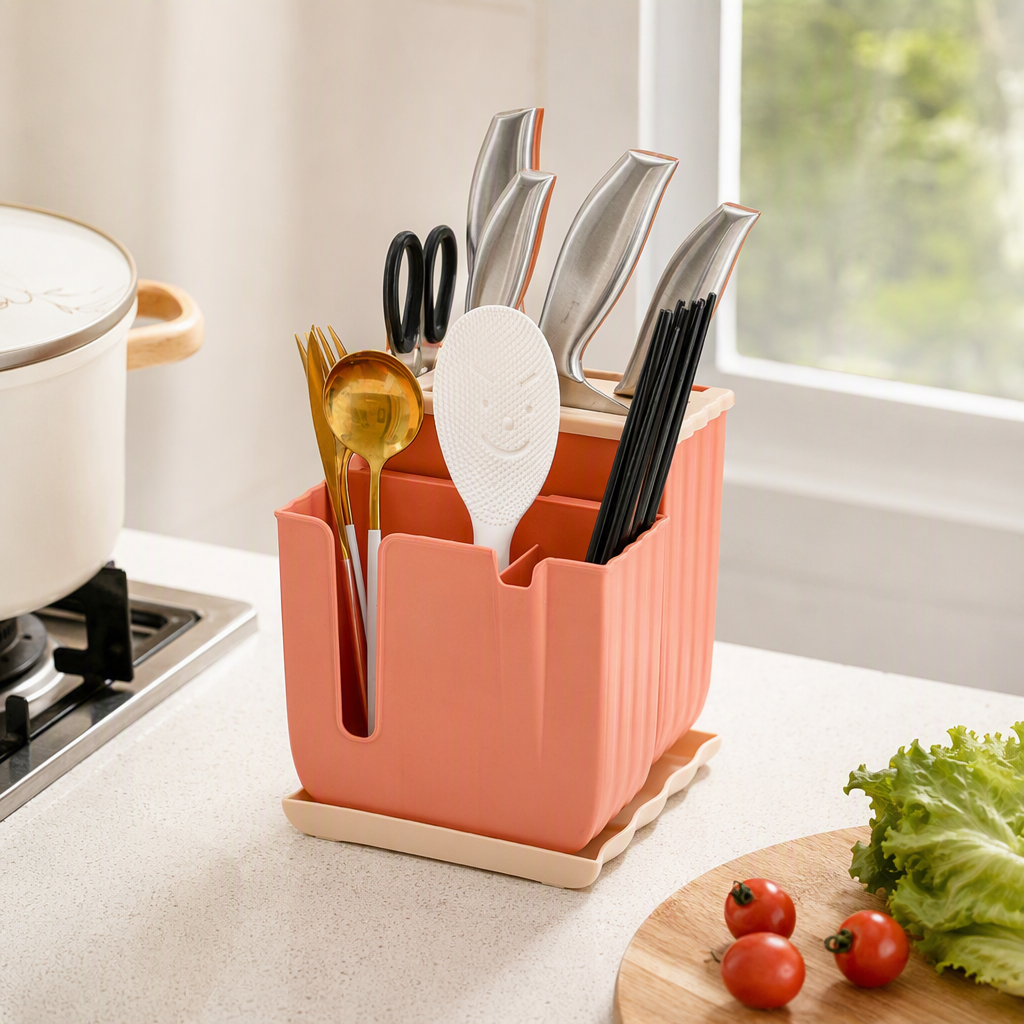 The pink multi-functional kitchenware storage rack, knife, chopsticks, scissors, spoon organizing rack and kitchenware storage box are all neat and tidy details Picture