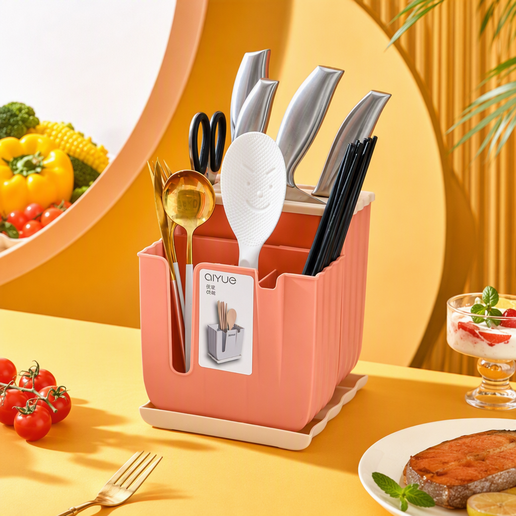 The pink multi-functional kitchenware storage rack, knife, chopsticks, scissors, spoon organizing rack and kitchenware storage box are all neat and tidy Specification image