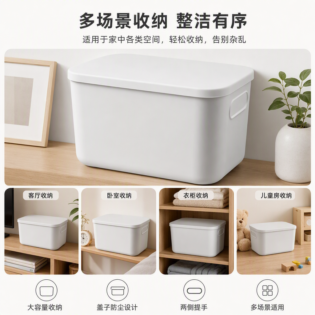 多功能白色带盖收纳盒整理箱家用塑料储物盒收纳容器整理箱收纳盒子