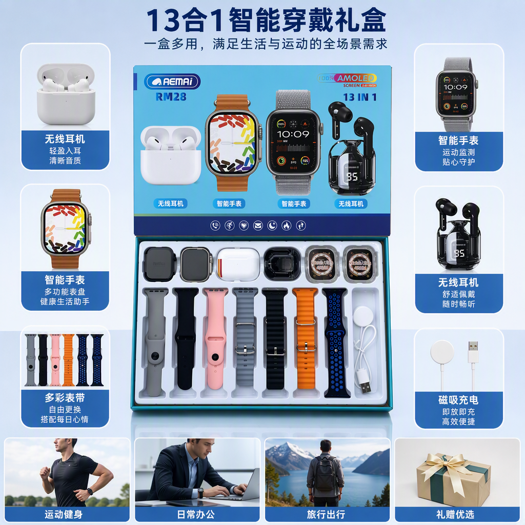 Blue packaging box smart wearable set, multi-functional for sports and health, suitable for both children and adults