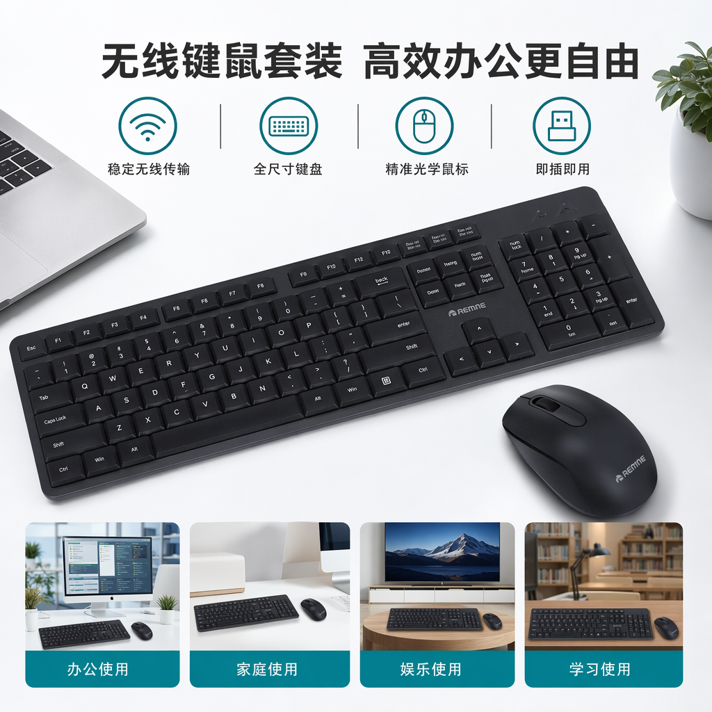 The black wireless keyboard and mouse set BS43 offers a comfortable feel, is multi-functional for office and gaming, and is compatible with Bluetooth connection