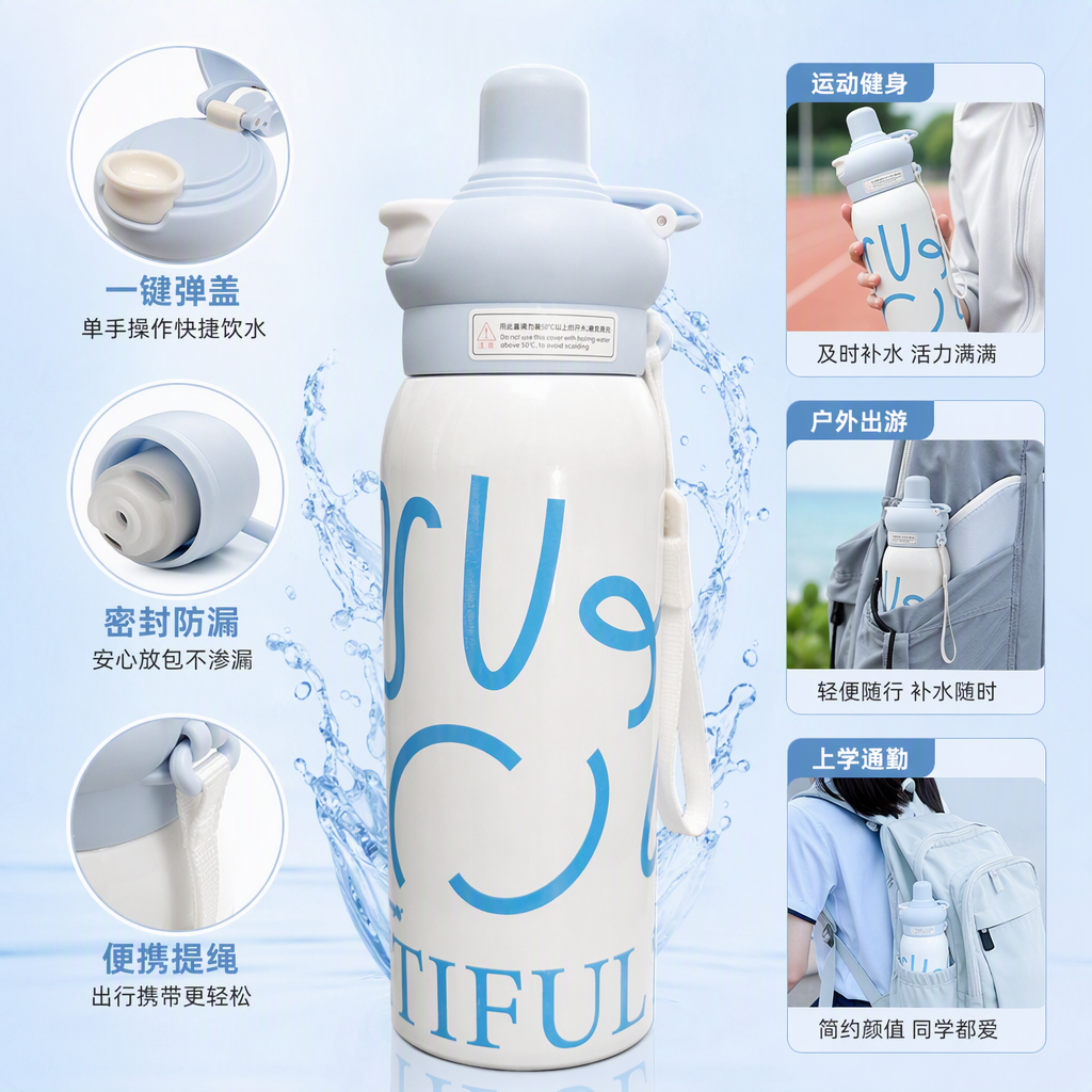 A fashionable white water cup with printed blue letters "BEAUTIFUL" and a light blue lid is a desk decoration suitable for computers, mobile phones, and a black mouse pad background