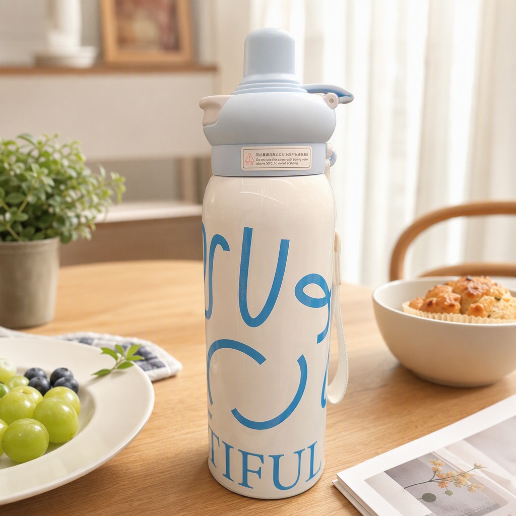 A fashionable white water cup with printed blue letters "BEAUTIFUL" and a light blue lid is a desk decoration suitable for computers, mobile phones, and a black mouse pad background details Picture