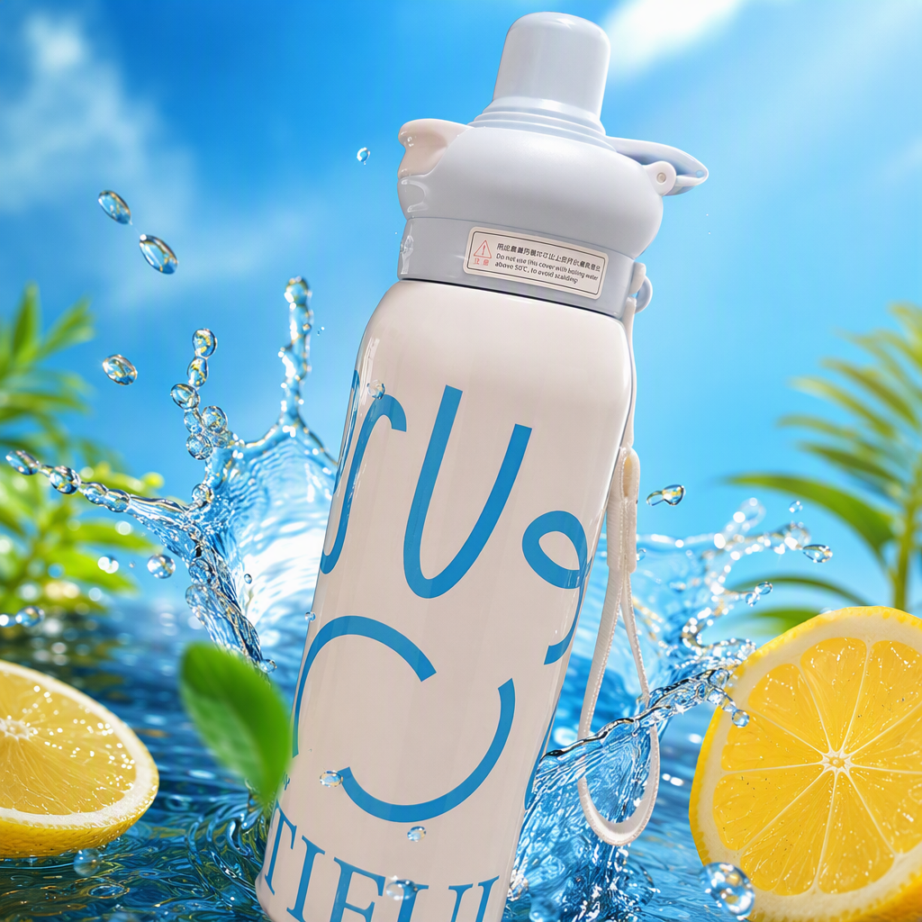 A fashionable white water cup with printed blue letters "BEAUTIFUL" and a light blue lid is a desk decoration suitable for computers, mobile phones, and a black mouse pad background Specification image