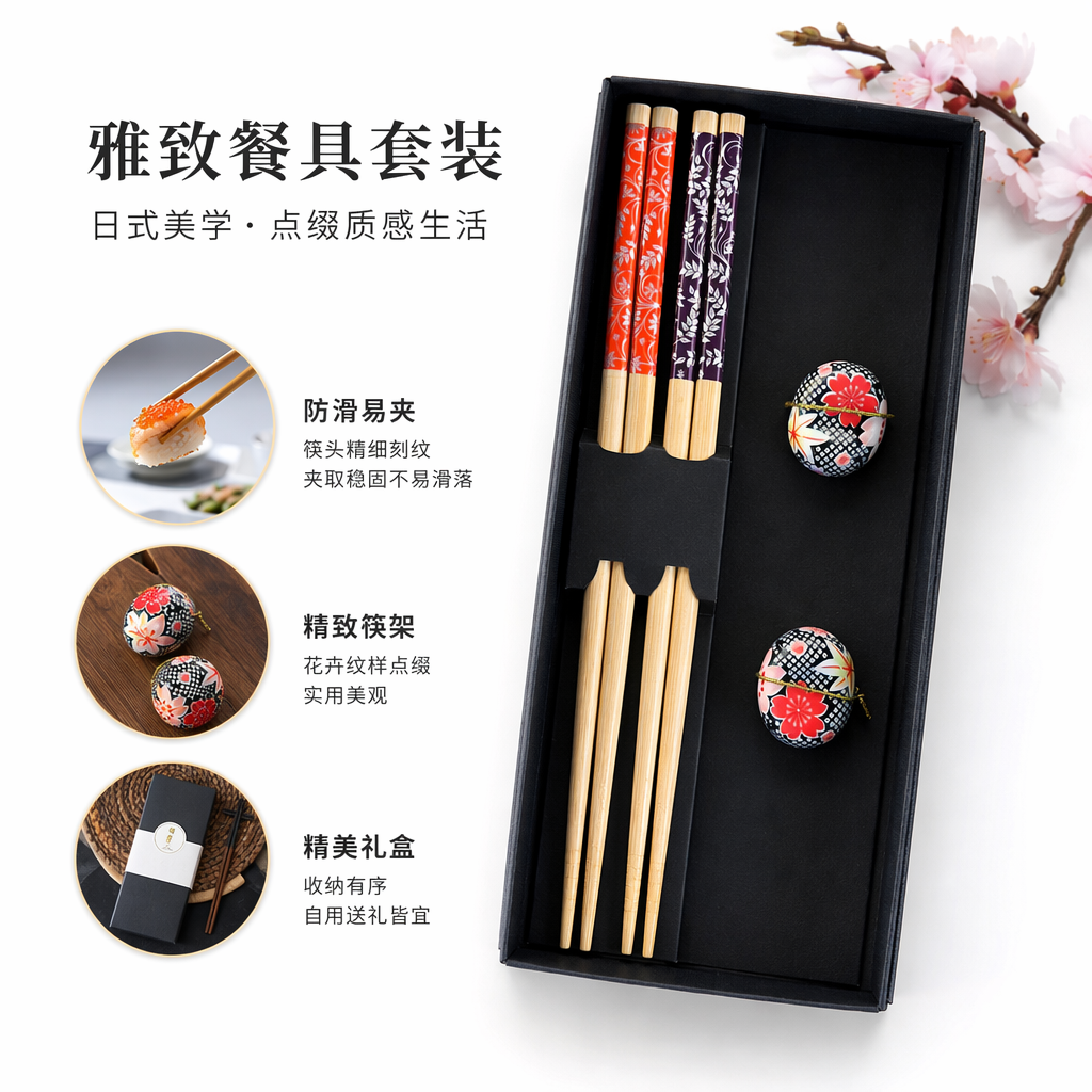 This high-end black gift box features two types of patterned chopsticks with flower-shaped chopstick rests, making it a practical and beautiful home product gift set