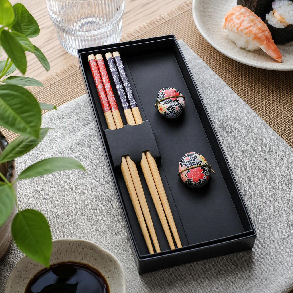 This high-end black gift box features two types of patterned chopsticks with flower-shaped chopstick rests, making it a practical and beautiful home product gift set details Picture
