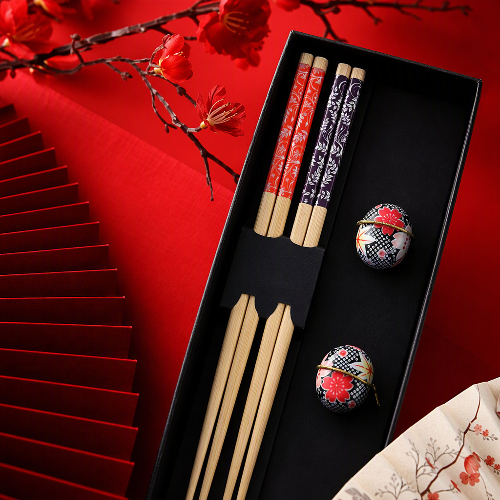 This high-end black gift box features two types of patterned chopsticks with flower-shaped chopstick rests, making it a practical and beautiful home product gift set Specification image