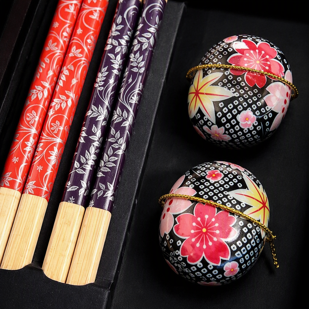 This high-end black gift box features two types of patterned chopsticks with flower-shaped chopstick rests, making it a practical and beautiful home product gift set Application Scenario