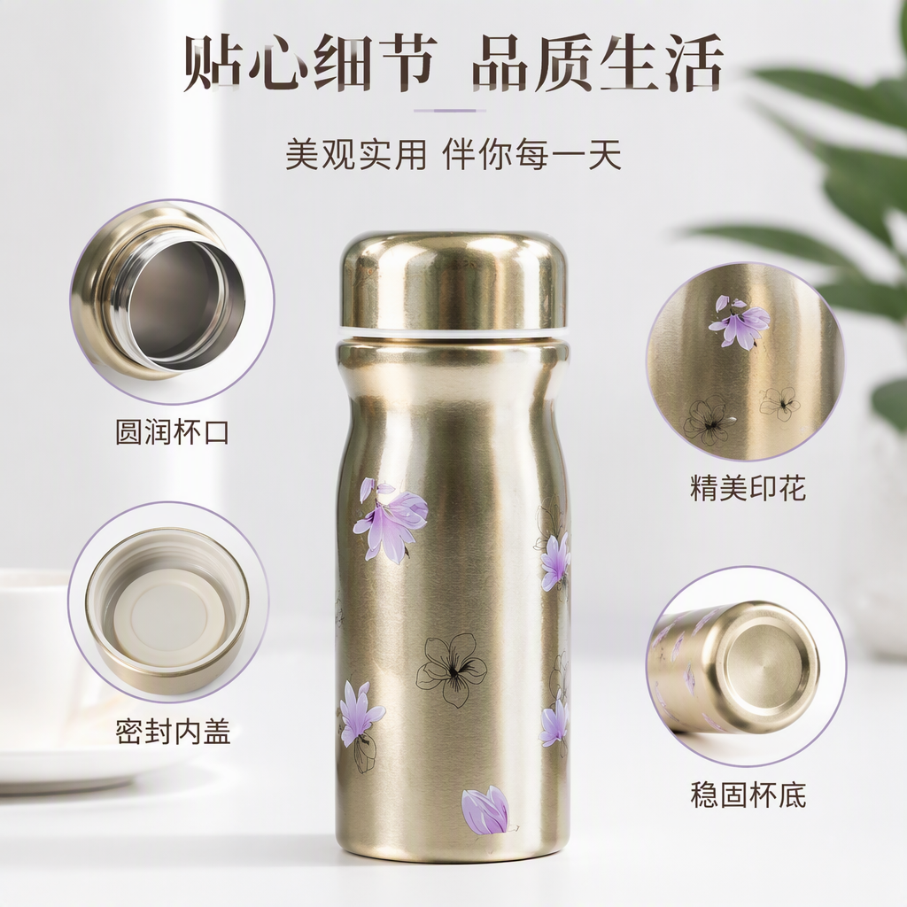 Silver thermos cup, purple flower pattern portable thermos cup, student outdoor travel tea cup, gift items