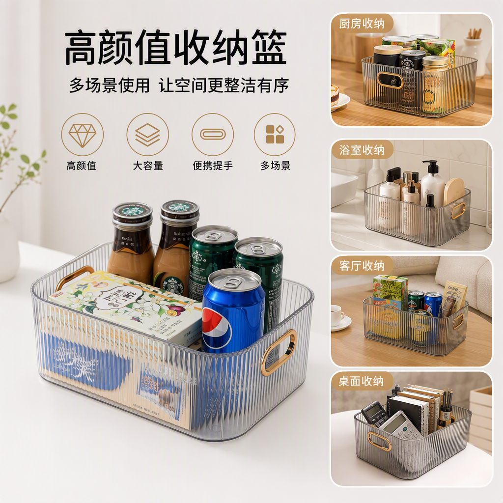 The transparent striped storage basket multi-functional organizing box is suitable for storing beverages and snacks. It is a household plastic storage basket