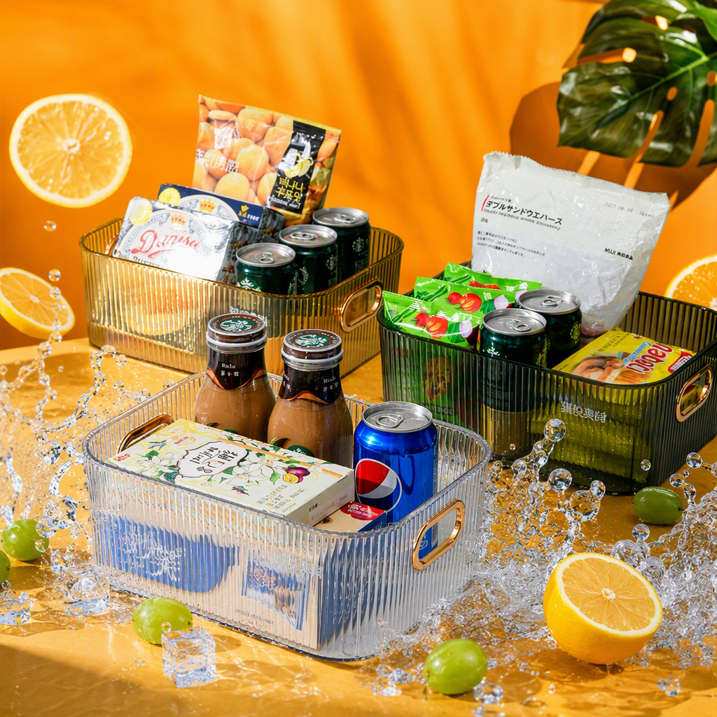 The transparent striped storage basket multi-functional organizing box is suitable for storing beverages and snacks. It is a household plastic storage basket Specification image