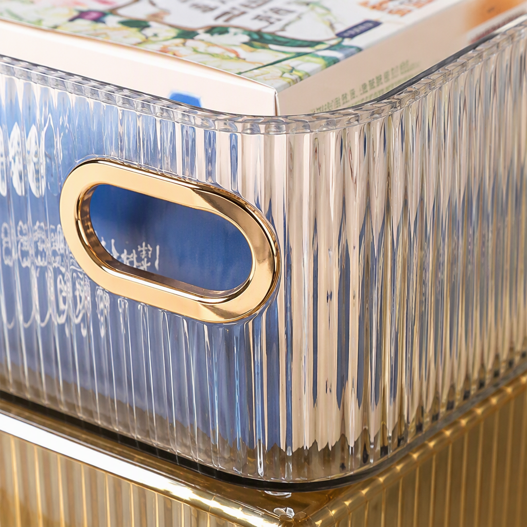 The transparent striped storage basket multi-functional organizing box is suitable for storing beverages and snacks. It is a household plastic storage basket Application Scenario