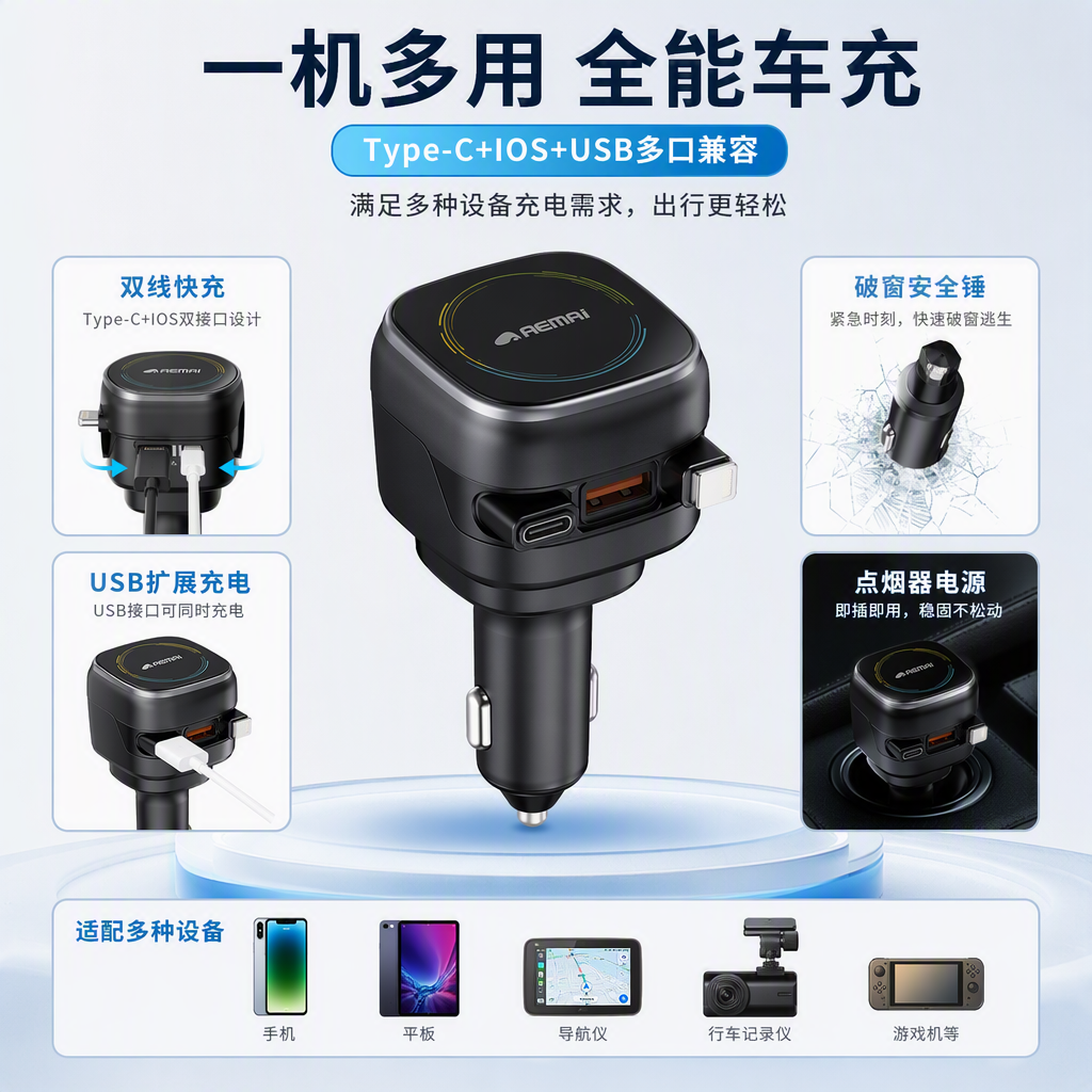 The multi-functional car charger in blue and white packaging is a portable fast-charging car mobile phone charger that is compatible with multiple car models