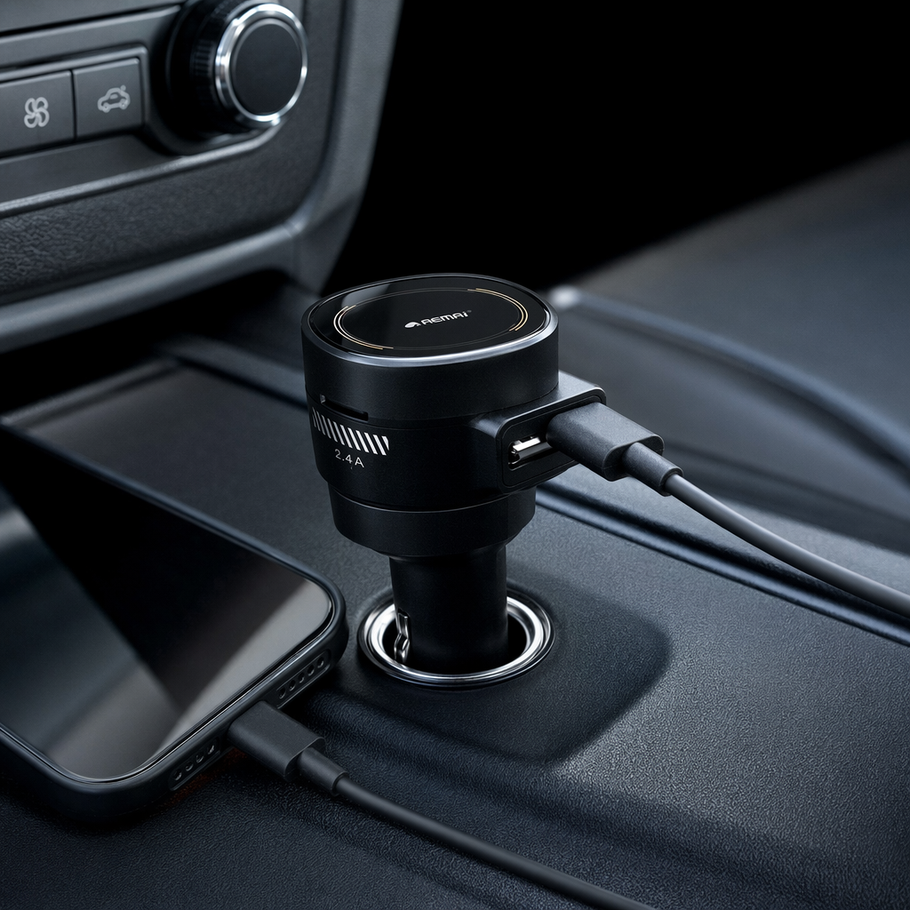 The multi-functional car charger in blue and white packaging is a portable fast-charging car mobile phone charger that is compatible with multiple car models details Picture