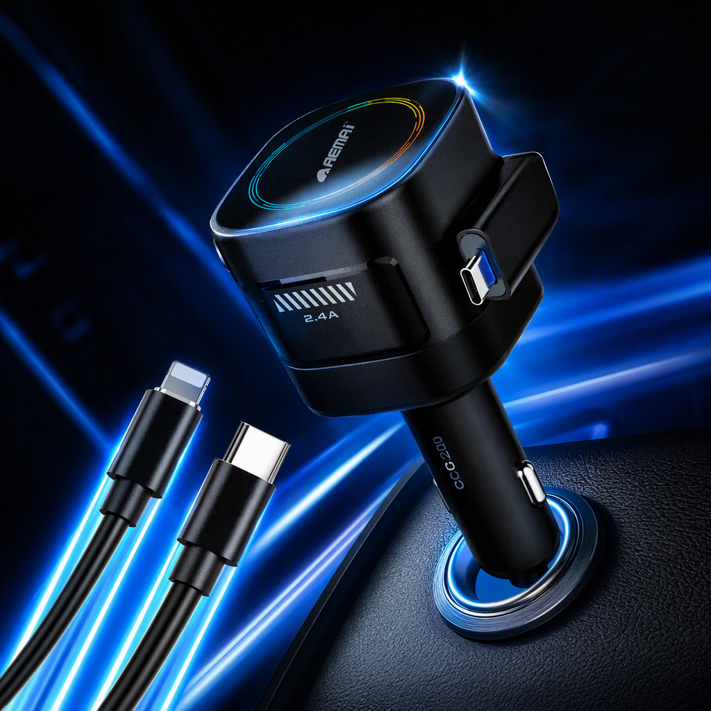 The multi-functional car charger in blue and white packaging is a portable fast-charging car mobile phone charger that is compatible with multiple car models Specification image