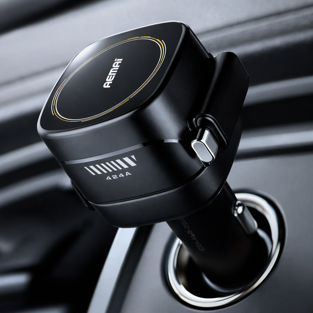 The multi-functional car charger in blue and white packaging is a portable fast-charging car mobile phone charger that is compatible with multiple car models Application Scenario