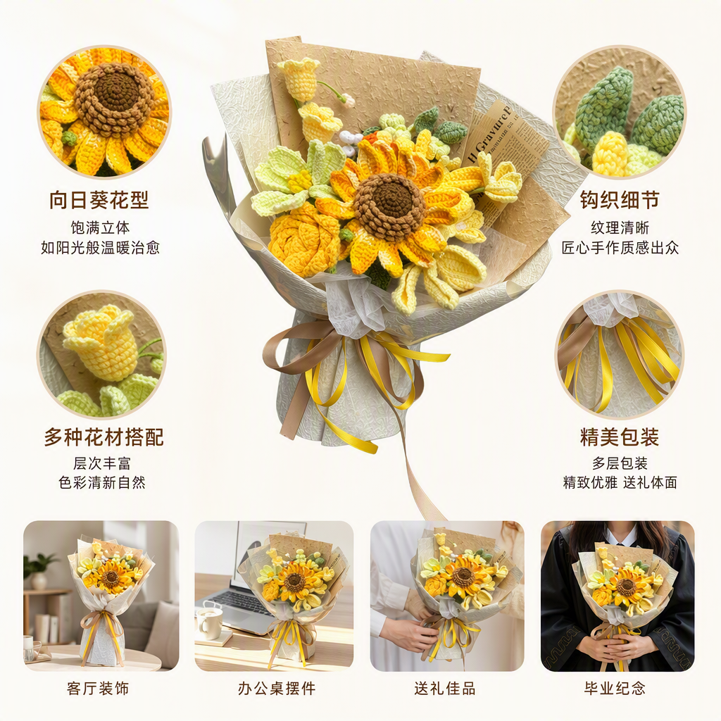 手工钩针编织花束创意摆件温馨家居装饰黄色花艺手工艺品礼物
