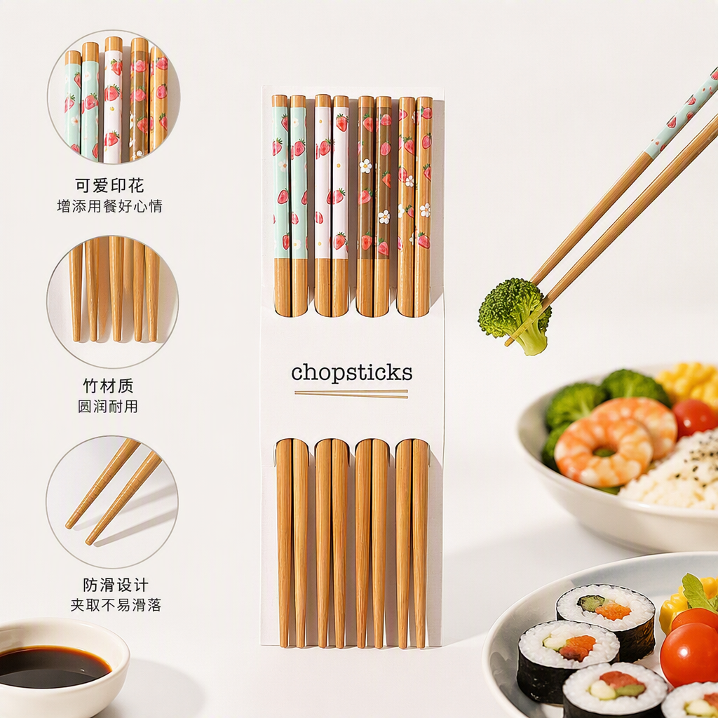 Creative and colorful strawberry-patterned tableware and chopsticks set, eco-friendly and durable, portable family dining supplies for restaurants