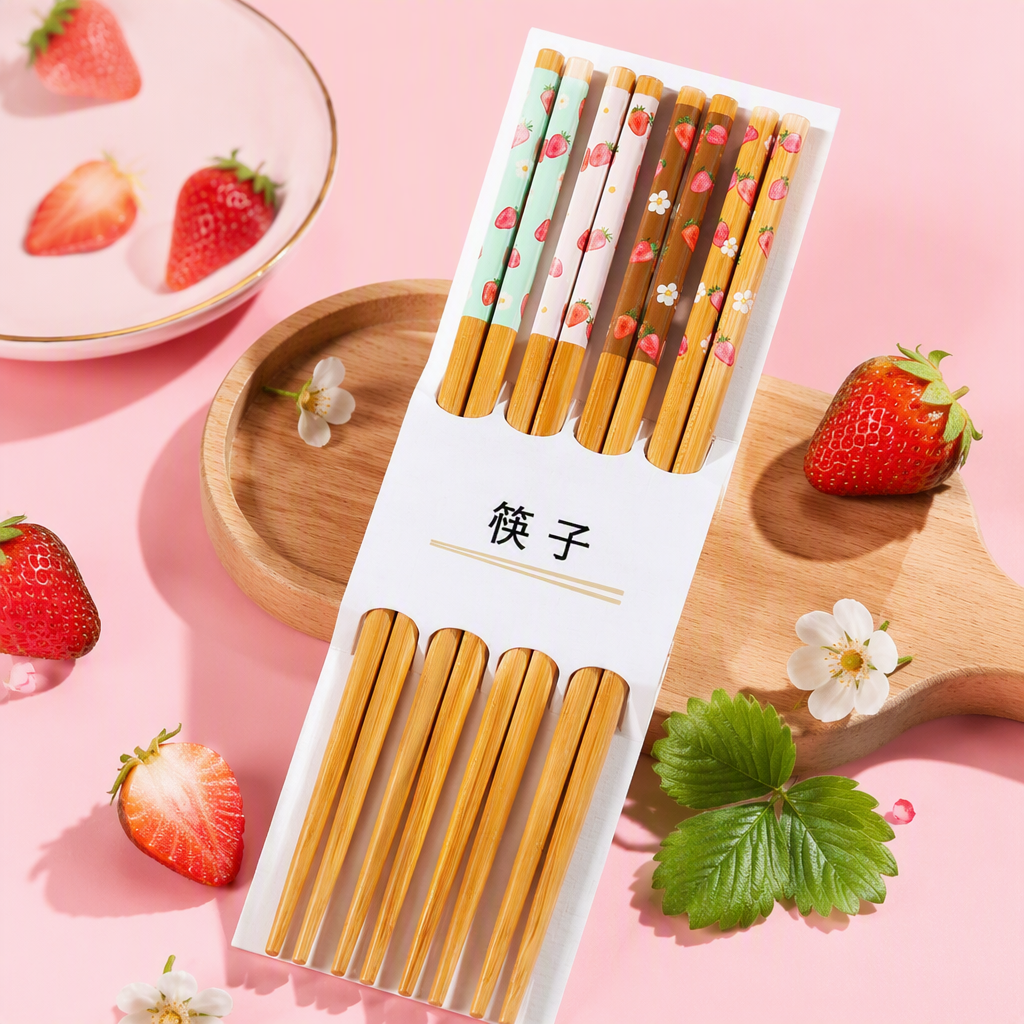 Creative and colorful strawberry-patterned tableware and chopsticks set, eco-friendly and durable, portable family dining supplies for restaurants Specification image