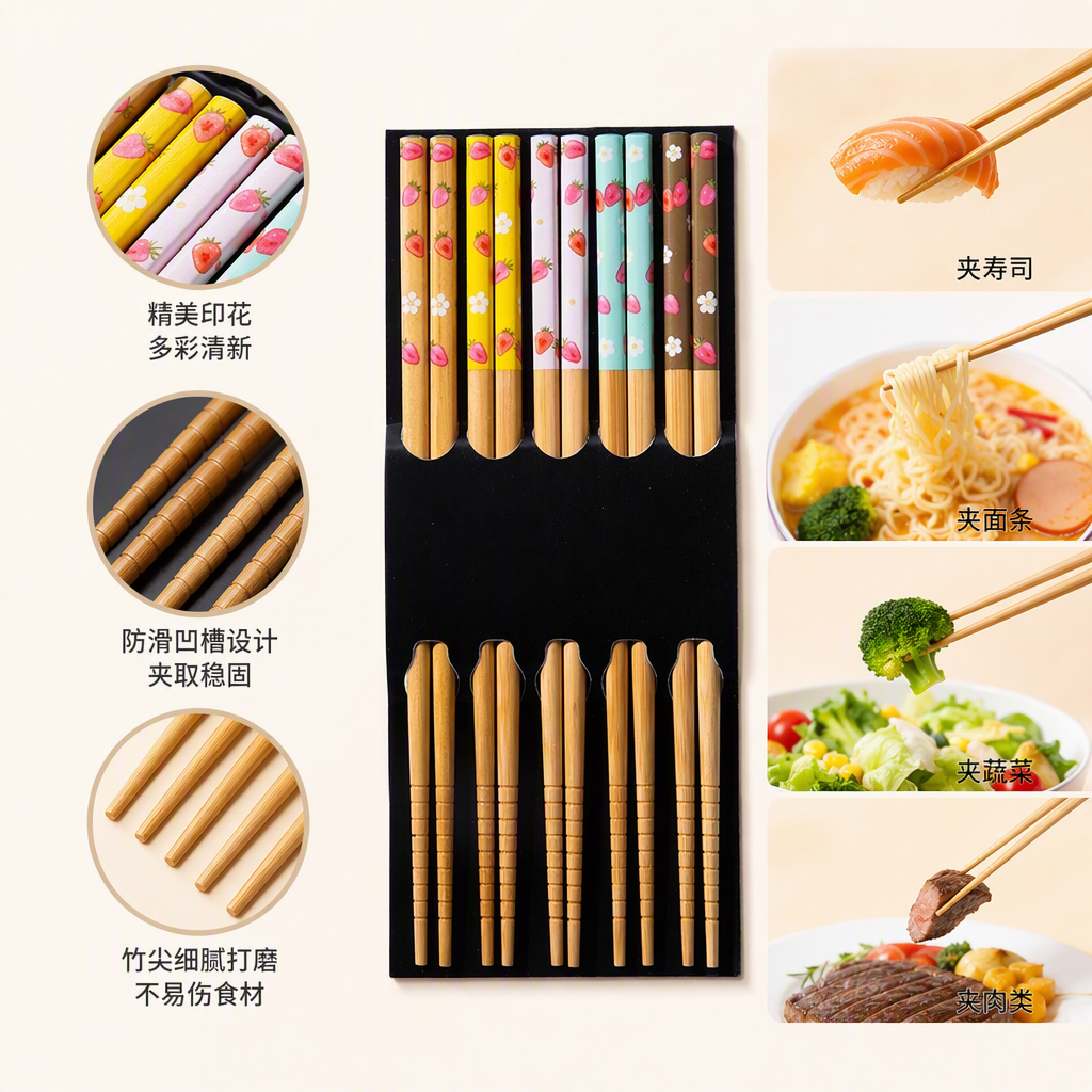 Creative colorful strawberry-patterned tableware and chopsticks set, eco-friendly and durable, portable household dining supplies