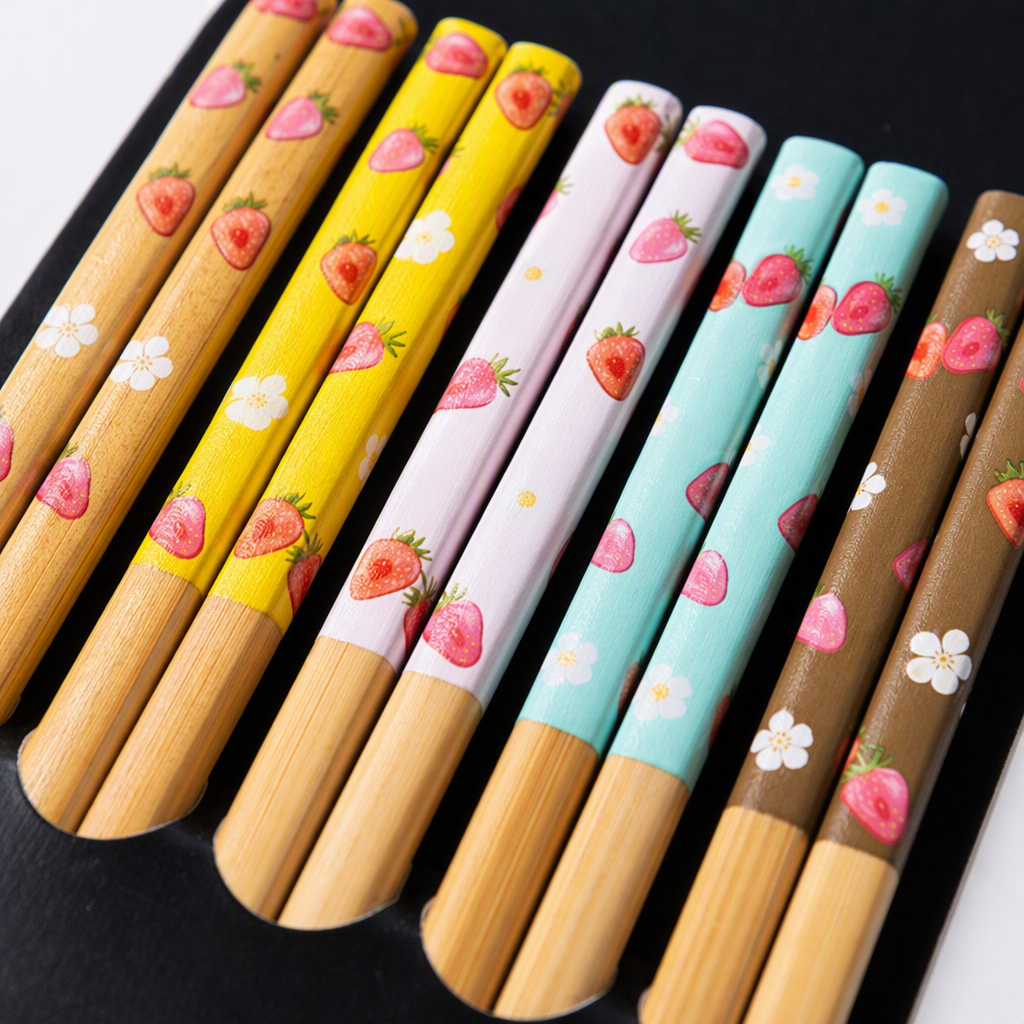 Creative colorful strawberry-patterned tableware and chopsticks set, eco-friendly and durable, portable household dining supplies Application Scenario