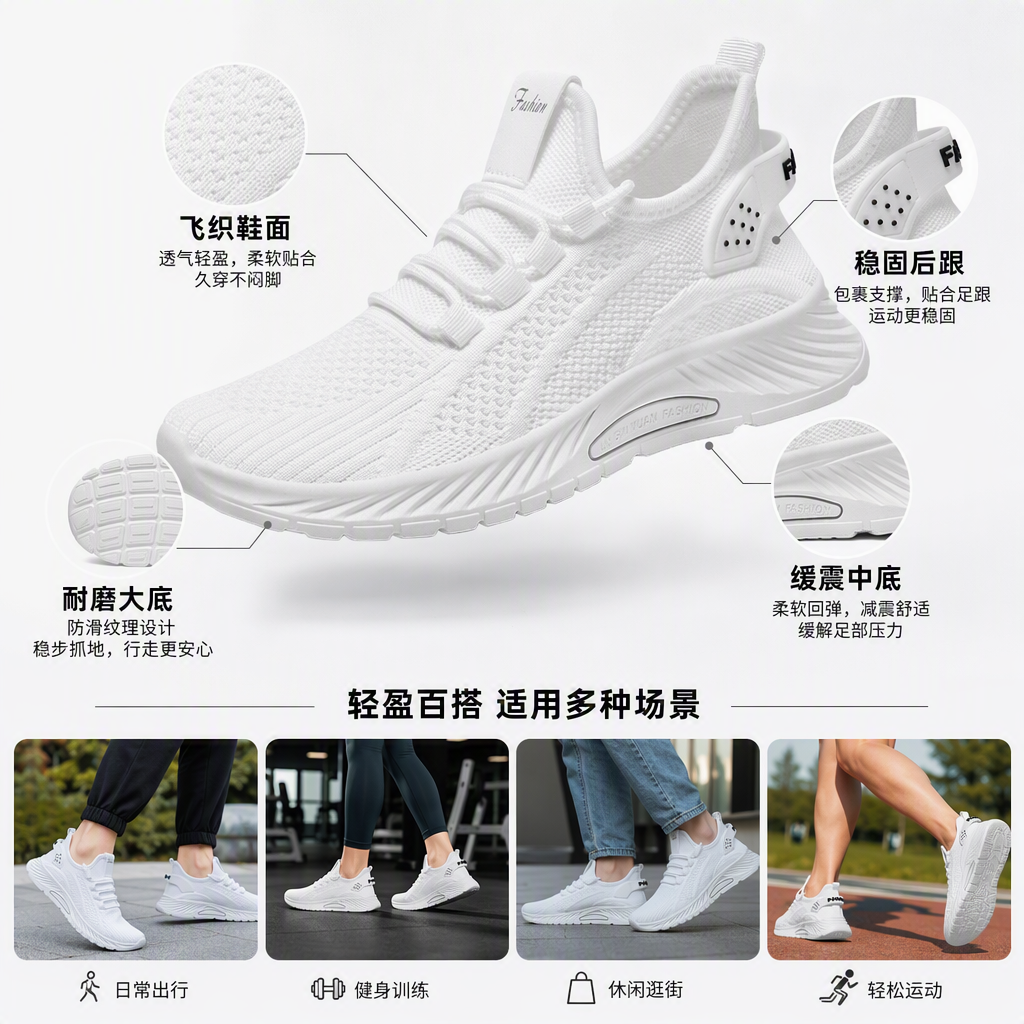 舒适透气百搭休闲跑步鞋男女白色运动鞋轻便耐磨潮流款