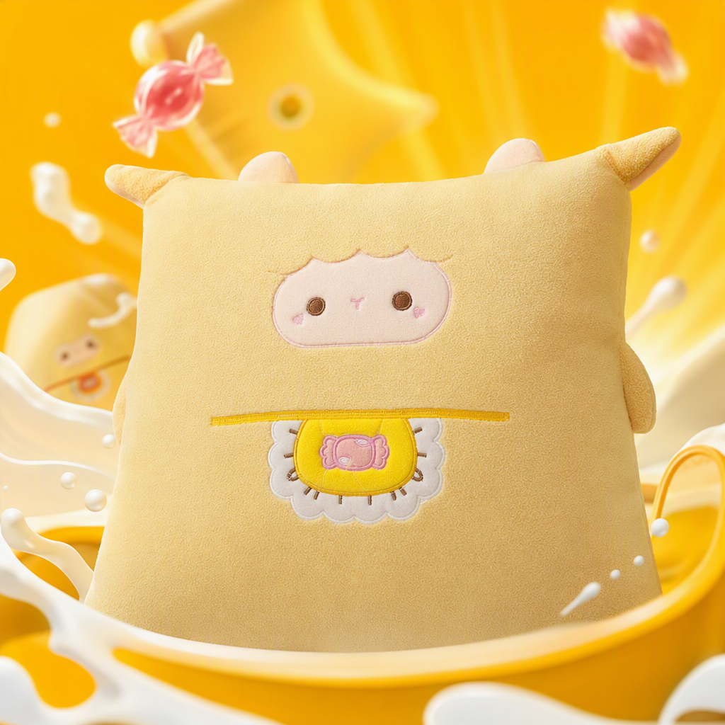 A cute beige cartoon plush pillow with ears and a pink face, featuring candy patterns, is a warm and cozy gift Specification image