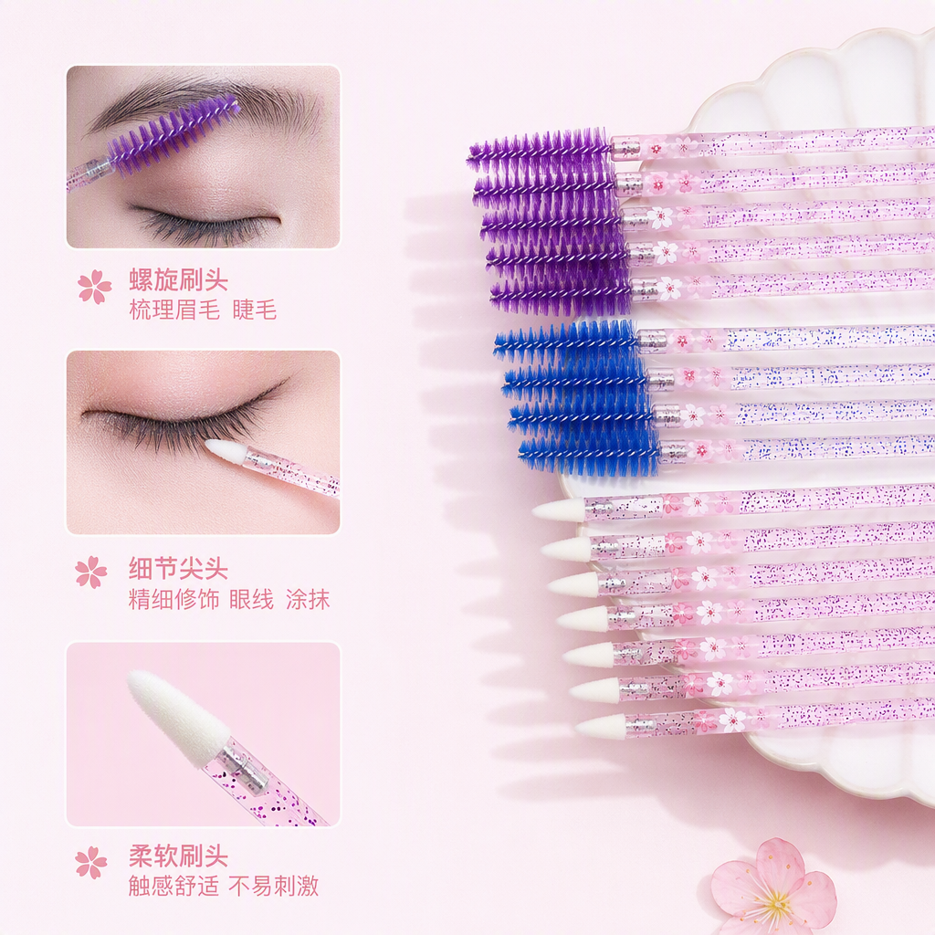 Pink packaging nail care tool set, white cotton swabs, blue brushes, purple brushes, nail care and beauty products set