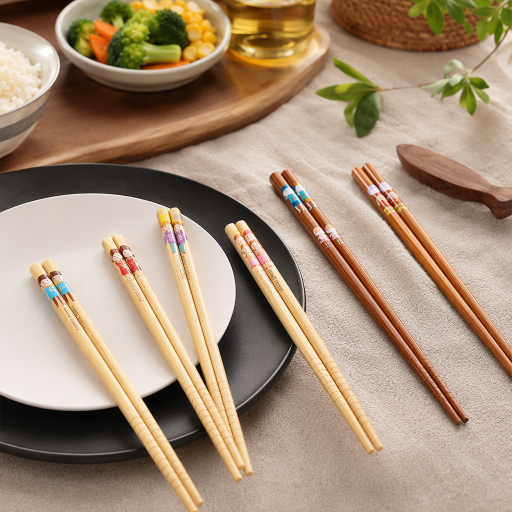 A variety of cartoon-patterned bamboo chopstick sets, white small spoons, paper packaging, wooden background decoration, tableware and gifts details Picture