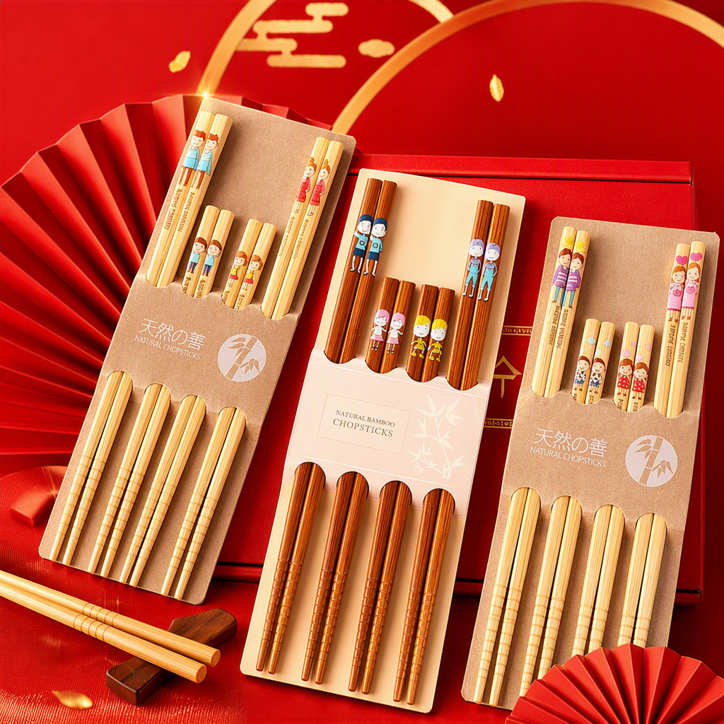 A variety of cartoon-patterned bamboo chopstick sets, white small spoons, paper packaging, wooden background decoration, tableware and gifts Specification image