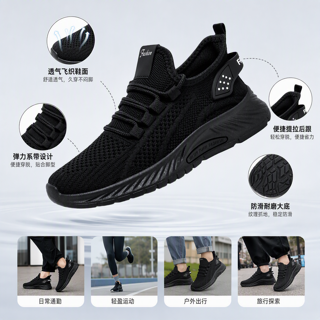 舒适耐磨百搭休闲跑步鞋男士黑色运动鞋潮流运动休闲鞋男款