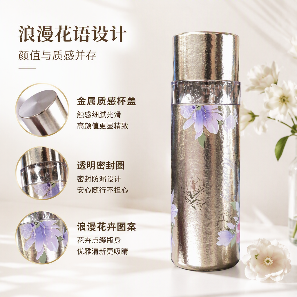 Silver floral pattern insulated cup, large-capacity stainless steel portable student outdoor travel hot drink cup