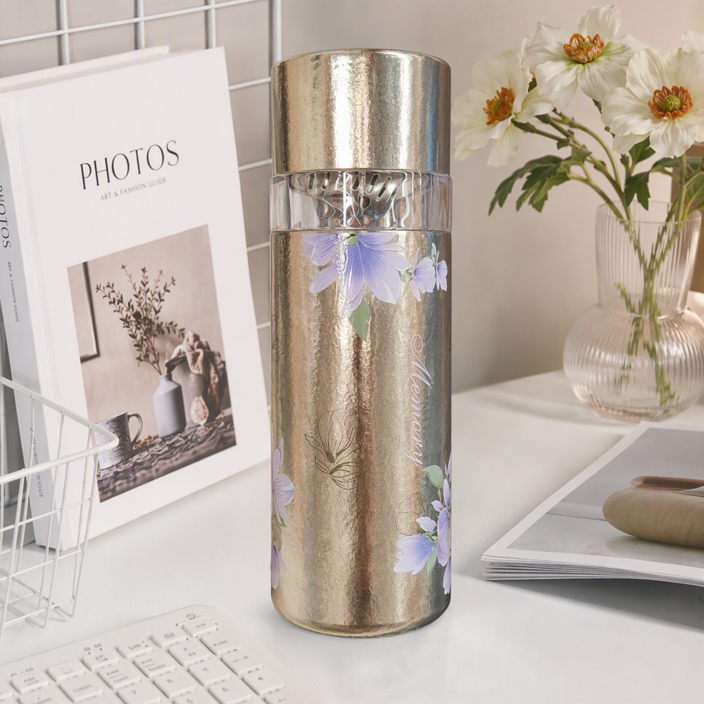 Silver floral pattern insulated cup, large-capacity stainless steel portable student outdoor travel hot drink cup details Picture