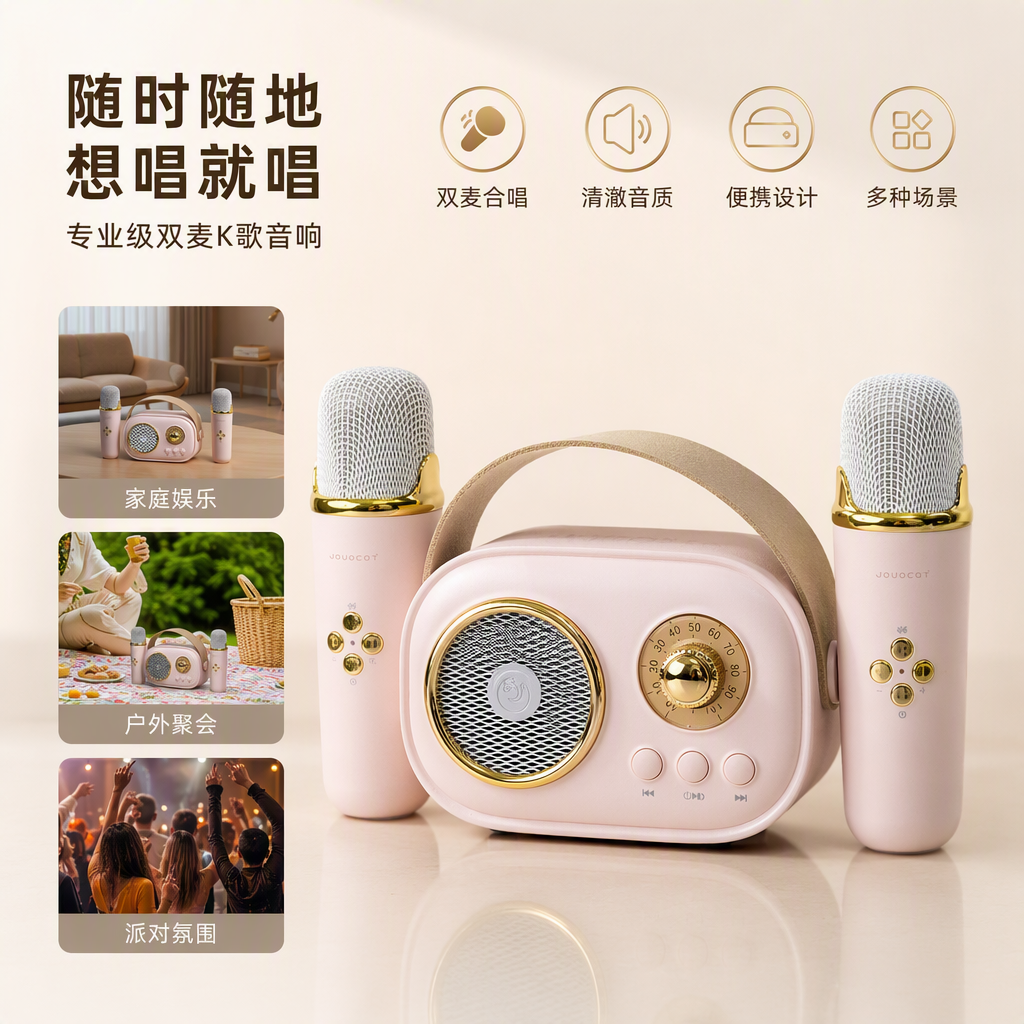 Pink portable wireless karaoke speaker set with microphone, high-definition sound quality, portable home entertainment device