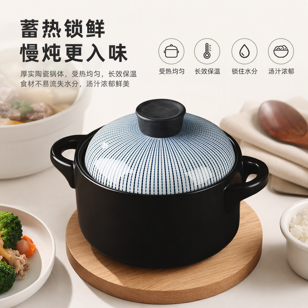 Black ceramic cookware with blue and white striped LIDS, heat-resistant and durable, suitable for home kitchen stewing, soup pot and stir-frying
