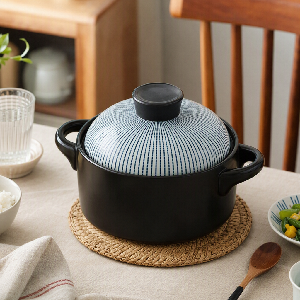 Black ceramic cookware with blue and white striped LIDS, heat-resistant and durable, suitable for home kitchen stewing, soup pot and stir-frying details Picture