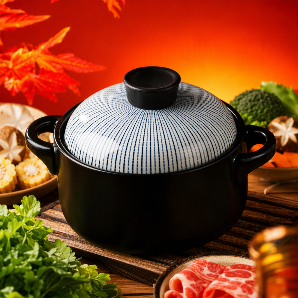 Black ceramic cookware with blue and white striped LIDS, heat-resistant and durable, suitable for home kitchen stewing, soup pot and stir-frying Specification image