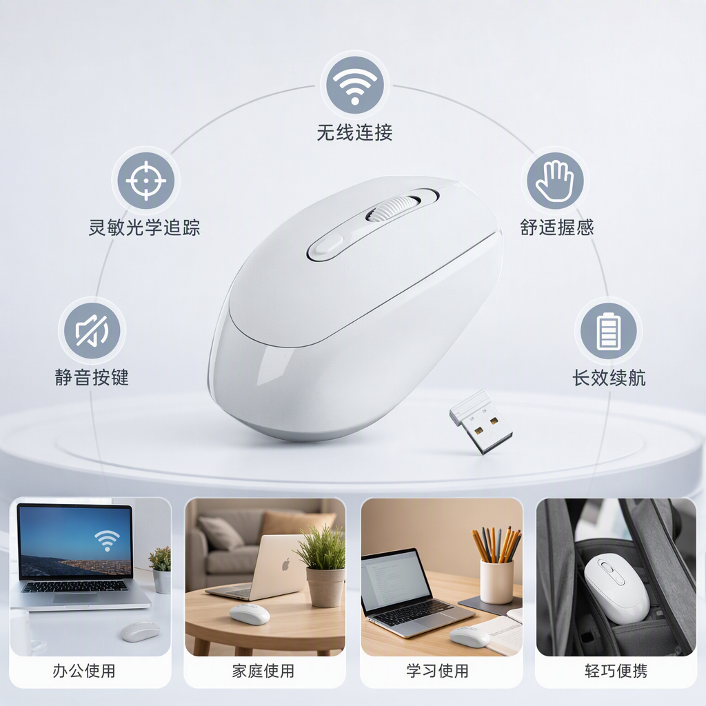 Ergonomic wireless mouse, silent office computer accessory, white, portable, multi-functional, supports multi-device connection