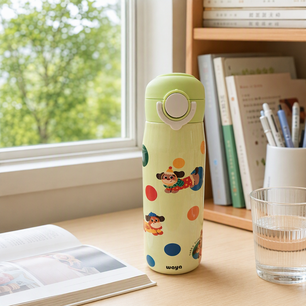 Cartoon dog polka dot insulated cup, green lid portable student and adult warm water cup creative gift details Picture